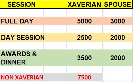 Session pricing table — Full Day: Xaverian ₹5000, Spouse ₹3000; Day Session: Xaverian ₹2500, Spouse ₹2000; Awards & Dinner: Xaverian ₹3500, Spouse ₹2000; Non Xaverian ₹7500
