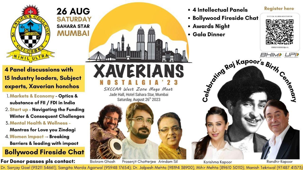 Poster for Xaverians Nostalgia '23, the SXCCAA West Zone Mega Meet, Saturday 26 August 2023 at Jade Hall, Hotel Sahara Star, Mumbai. It lists four panel discussions, a Bollywood fireside chat, an awards night and a gala dinner, and shows Bickram Ghosh, Prasenjit Chatterjee, Arindam Sil, Karishma Kapoor and Randhir Kapoor.