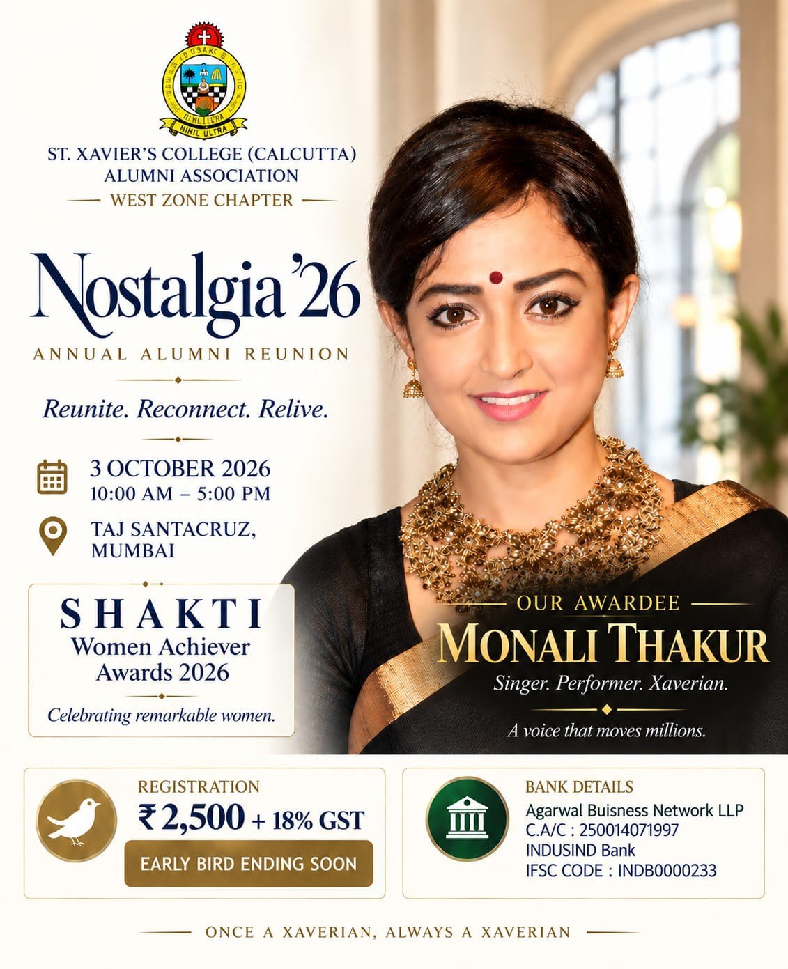Awardee poster for Nostalgia ’26: Monali Thakur — singer, performer, Xaverian — named alongside the Shakti Women Achiever Awards 2026. The poster repeats the date, venue, ₹2,500 registration and the bank details.