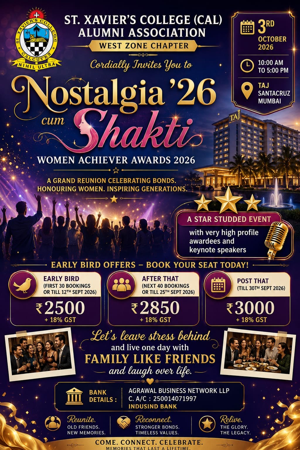Poster for Nostalgia '26 cum Shakti, the Women Achiever Awards 2026, presented by the West Zone Chapter of the St. Xaviers College (Calcutta) Alumni Association. 3rd October 2026, 10:00 AM to 5:00 PM, Taj Santacruz, Mumbai. The poster also lists early-bird booking rates and bank details.