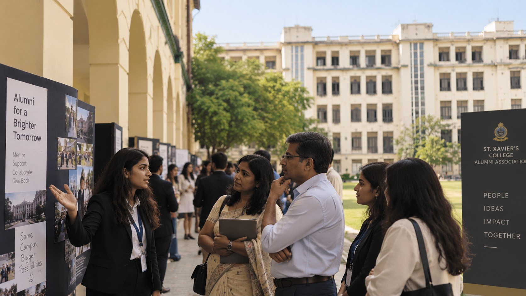 An SXCCAA display on the College veranda, headed Alumni for a Brighter Tomorrow, with alumni and staff looking on